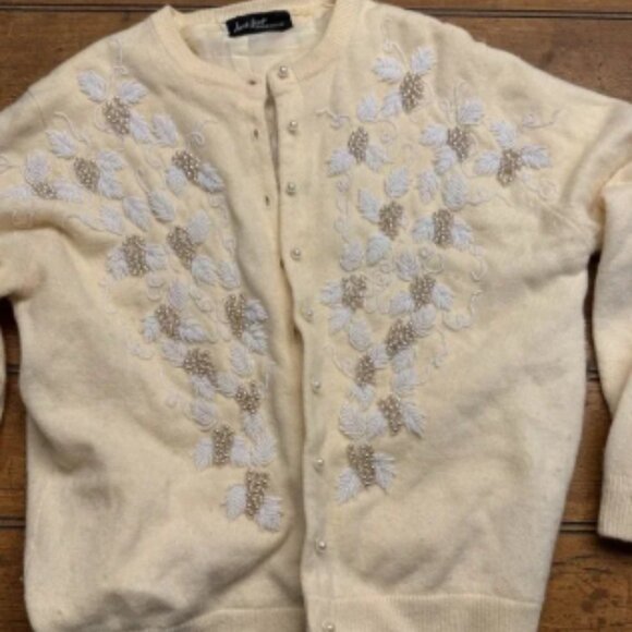 Vintage Women's Yellow White Beaded Cashmere Cardigan Sweater Anne Scott - Picture 1 of 6